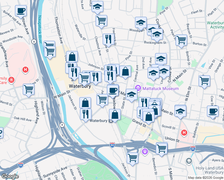 map of restaurants, bars, coffee shops, grocery stores, and more near 495 Meadow Street in Waterbury
