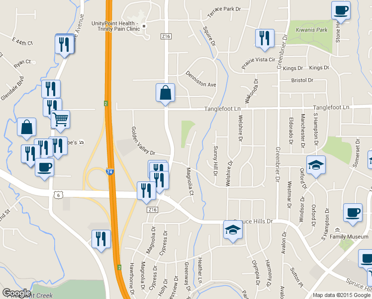 map of restaurants, bars, coffee shops, grocery stores, and more near 3440 Magnolia Court in Bettendorf