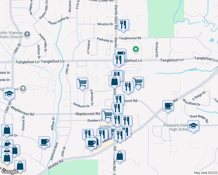 map of restaurants, bars, coffee shops, grocery stores, and more near 3420 Johnathan Avenue in Bettendorf