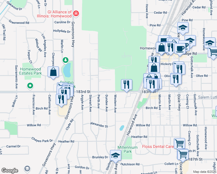 map of restaurants, bars, coffee shops, grocery stores, and more near 2428 183rd Street in Homewood