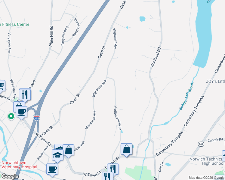 map of restaurants, bars, coffee shops, grocery stores, and more near 622 Old Pond Lane in Norwich