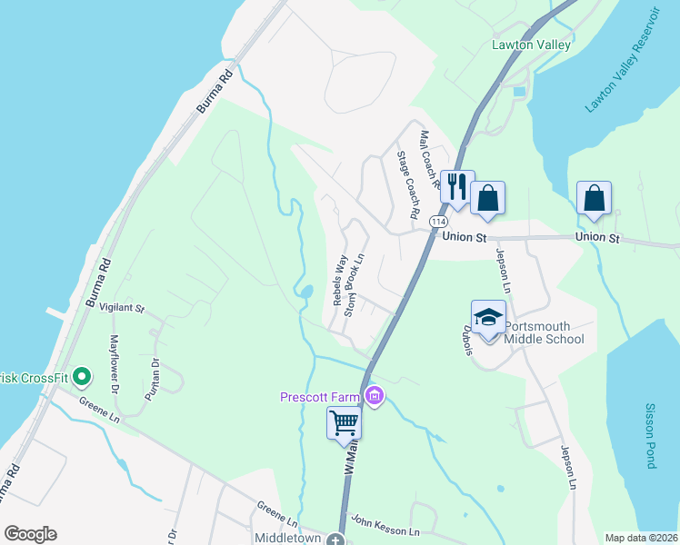 map of restaurants, bars, coffee shops, grocery stores, and more near 32 Rebels Way in Portsmouth