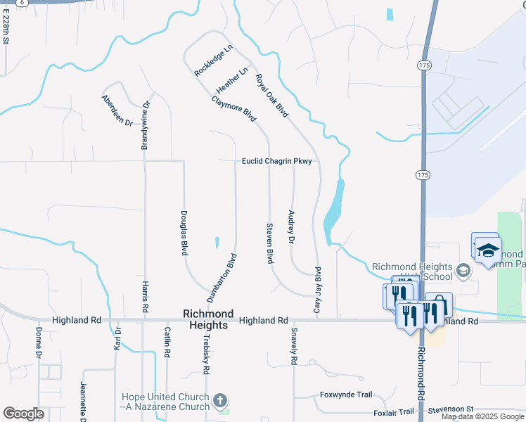 map of restaurants, bars, coffee shops, grocery stores, and more near 410 Steven Boulevard in Richmond Heights