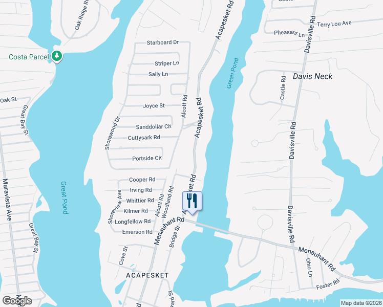 map of restaurants, bars, coffee shops, grocery stores, and more near 407 Acapesket Road in Falmouth