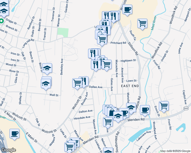 map of restaurants, bars, coffee shops, grocery stores, and more near 564 Wolcott Street in Waterbury