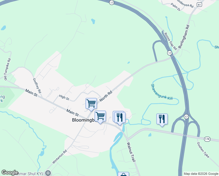map of restaurants, bars, coffee shops, grocery stores, and more near 59 North Road in Wurtsboro