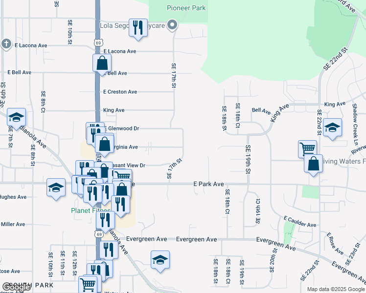 map of restaurants, bars, coffee shops, grocery stores, and more near 2951 Southeast 17th Street in Des Moines