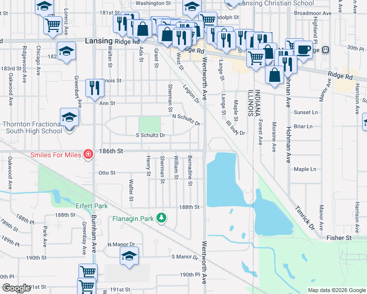 map of restaurants, bars, coffee shops, grocery stores, and more near 3535 186th Street in Lansing