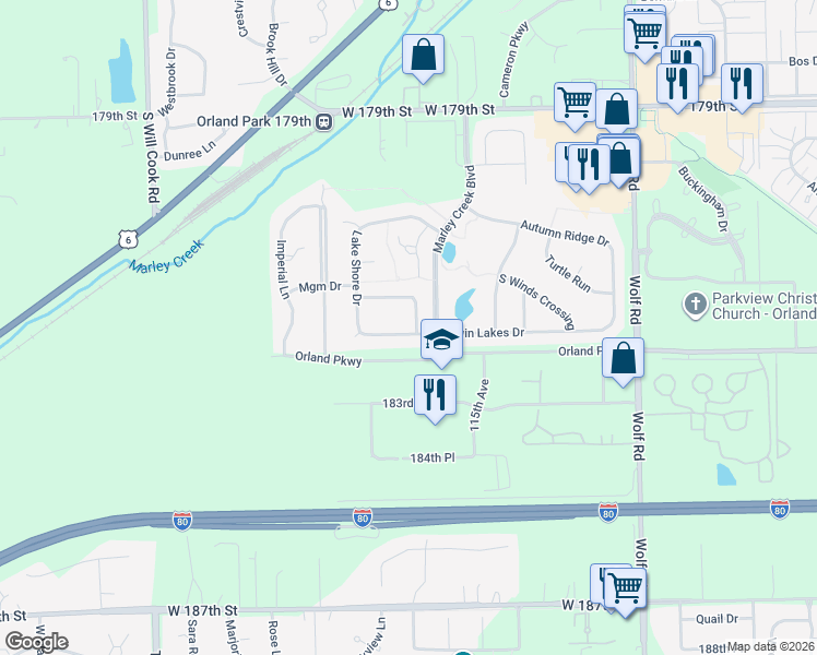 map of restaurants, bars, coffee shops, grocery stores, and more near 11527 Twin Lakes Drive in Orland Park