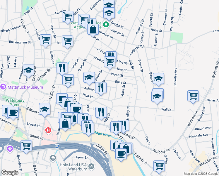 map of restaurants, bars, coffee shops, grocery stores, and more near 37 Vermont Street in Waterbury