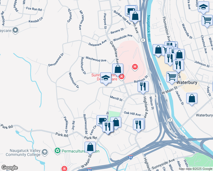 map of restaurants, bars, coffee shops, grocery stores, and more near 386 Robinwood Road in Waterbury