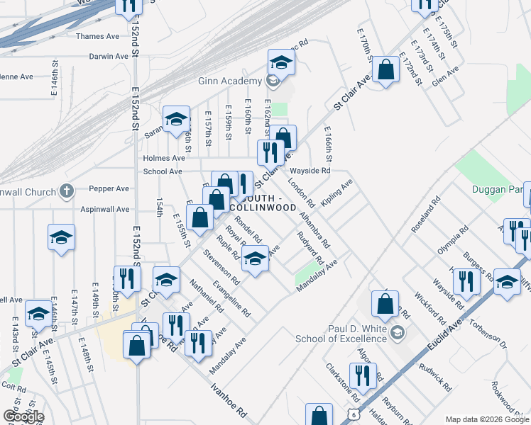 map of restaurants, bars, coffee shops, grocery stores, and more near 849 Whitcomb Road in Cleveland