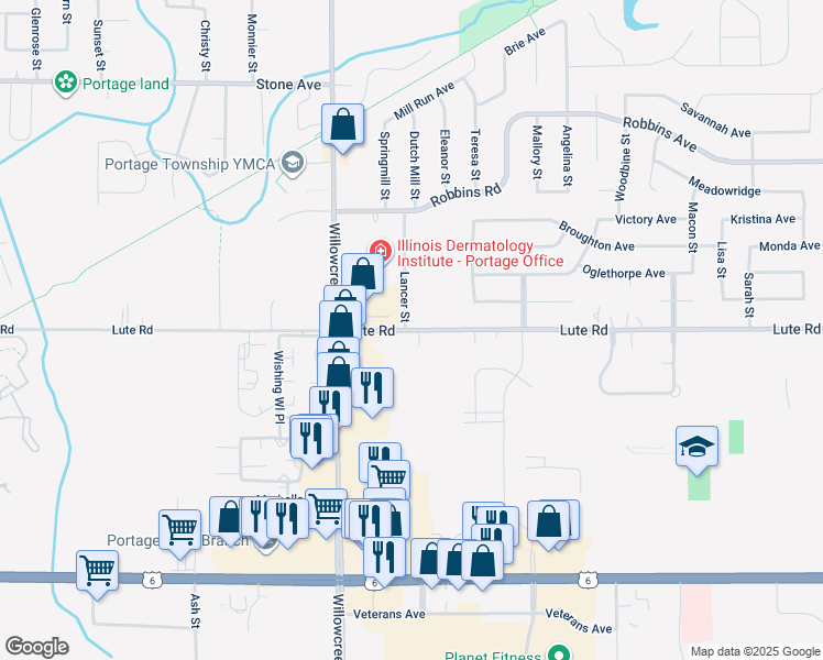map of restaurants, bars, coffee shops, grocery stores, and more near 6071 Lute Road in Portage