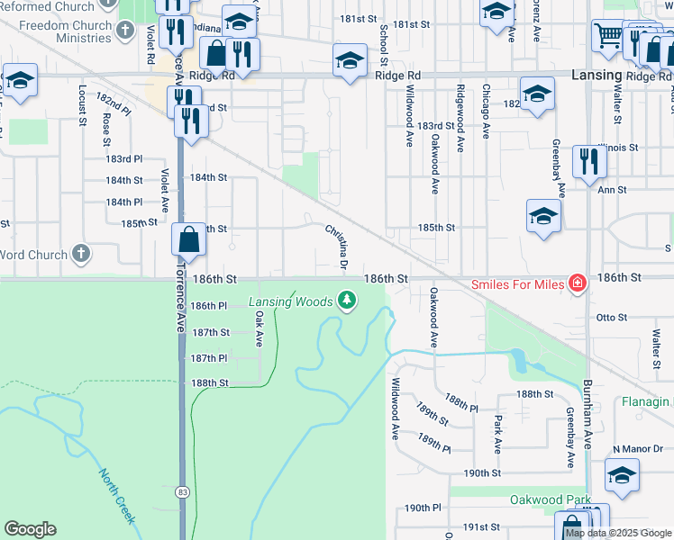 map of restaurants, bars, coffee shops, grocery stores, and more near 18559 Escanaba Avenue in Lansing