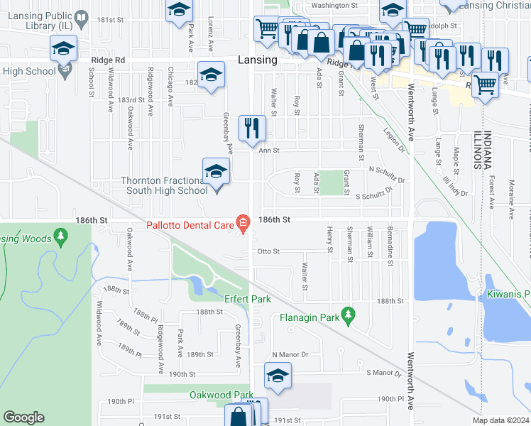 map of restaurants, bars, coffee shops, grocery stores, and more near 3218 186th Street in Lansing