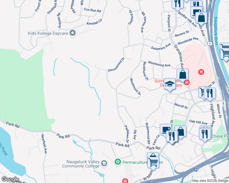 map of restaurants, bars, coffee shops, grocery stores, and more near 210 Parklawn Drive in Waterbury