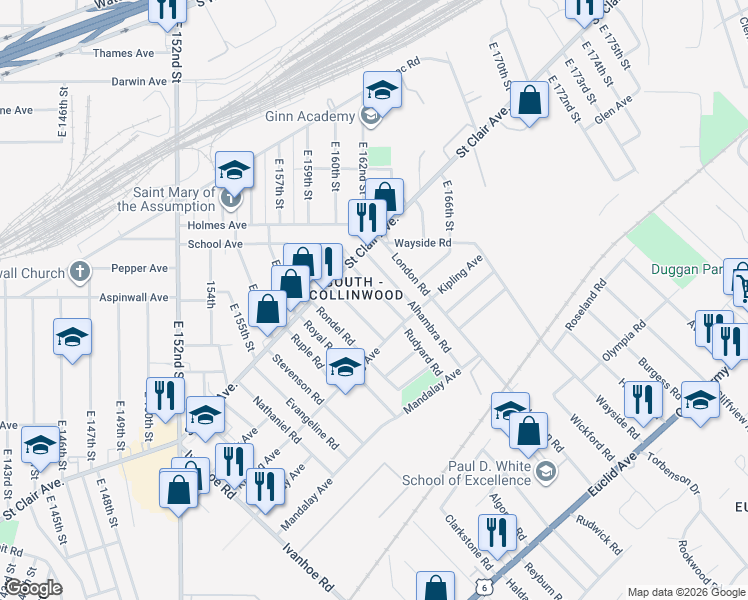 map of restaurants, bars, coffee shops, grocery stores, and more near 849 Whitcomb Road in Cleveland