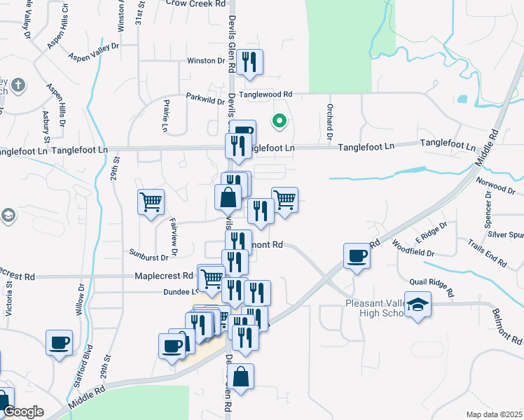 map of restaurants, bars, coffee shops, grocery stores, and more near 3430 Towne Pointe Drive in Bettendorf