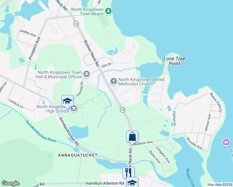 map of restaurants, bars, coffee shops, grocery stores, and more near 17 Duck Cove Road in North Kingstown
