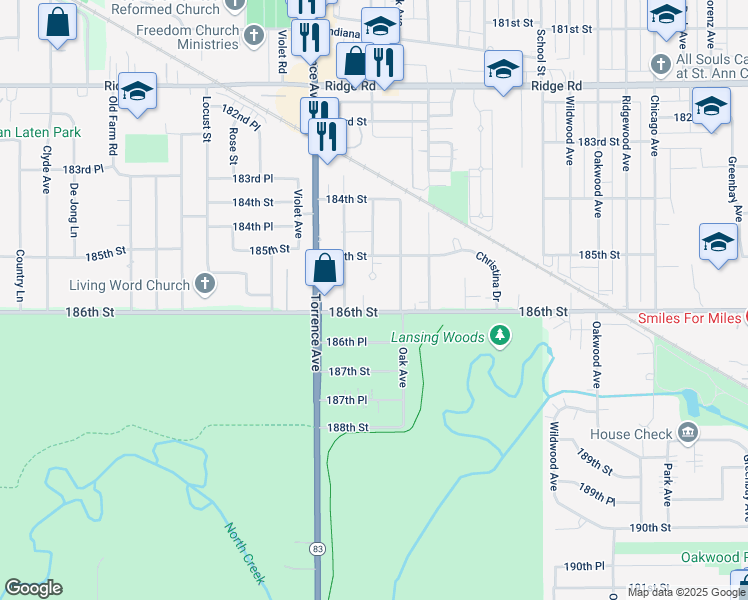 map of restaurants, bars, coffee shops, grocery stores, and more near 2443 186th Street in Lansing
