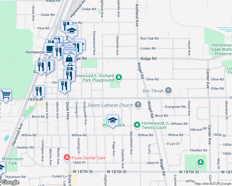 map of restaurants, bars, coffee shops, grocery stores, and more near 1704 183rd Street in Homewood