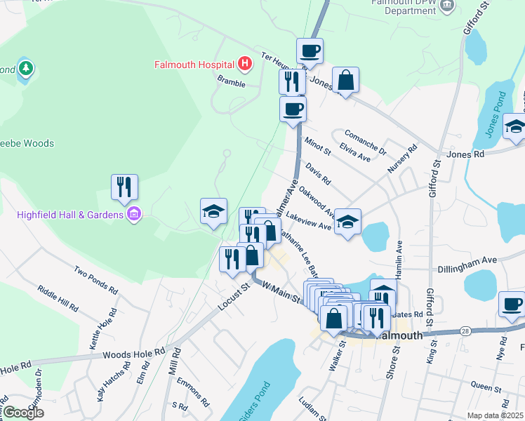 map of restaurants, bars, coffee shops, grocery stores, and more near 176 Palmer Avenue in Falmouth