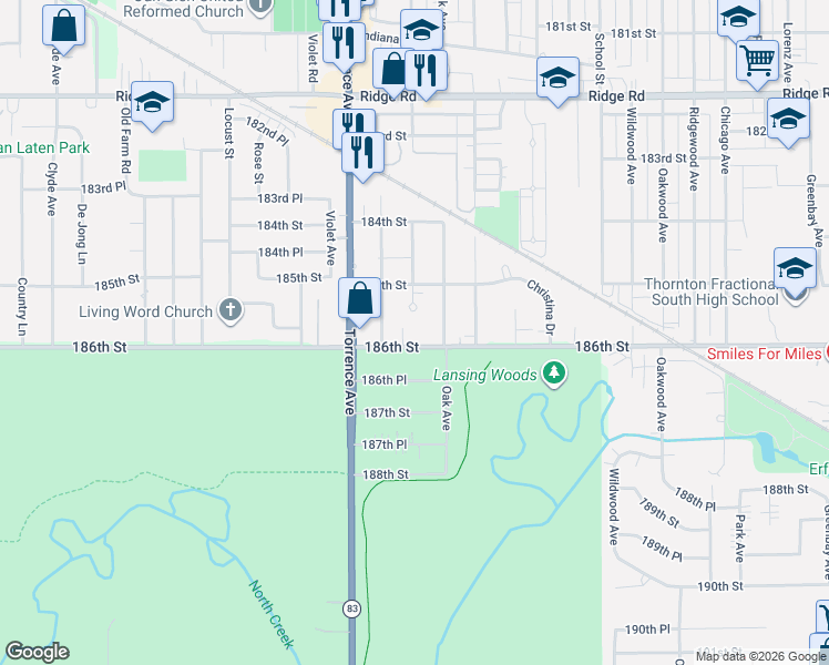 map of restaurants, bars, coffee shops, grocery stores, and more near 2449 186th Street in Lansing