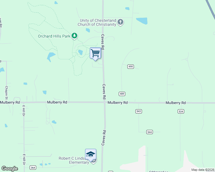 map of restaurants, bars, coffee shops, grocery stores, and more near 11525 Caves Road in Chesterland