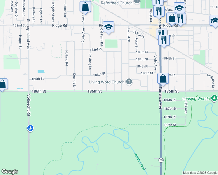 map of restaurants, bars, coffee shops, grocery stores, and more near 18561 Old Farm Road in Lansing