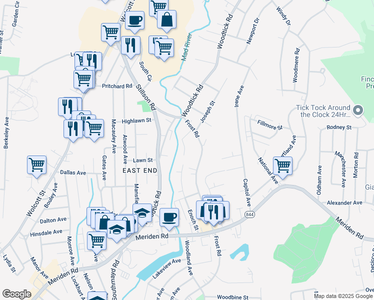 map of restaurants, bars, coffee shops, grocery stores, and more near 33 Regal Court in Waterbury