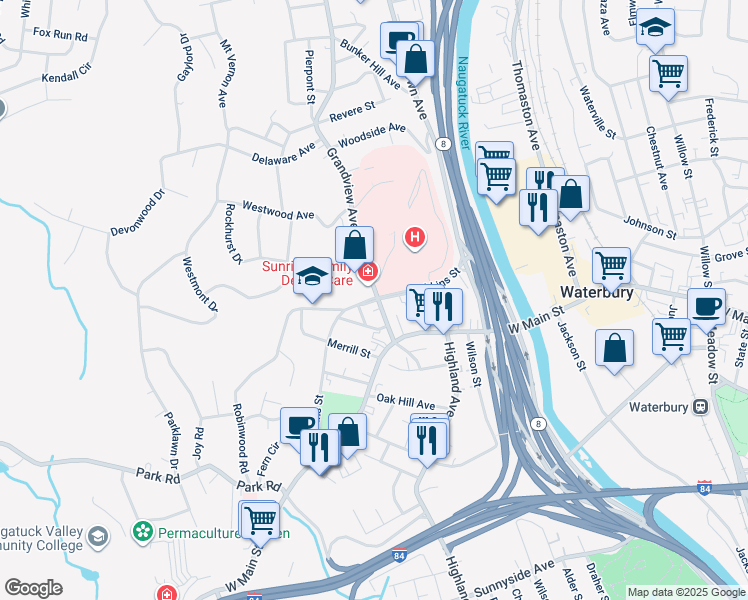 map of restaurants, bars, coffee shops, grocery stores, and more near 117 Robbins Street in Waterbury