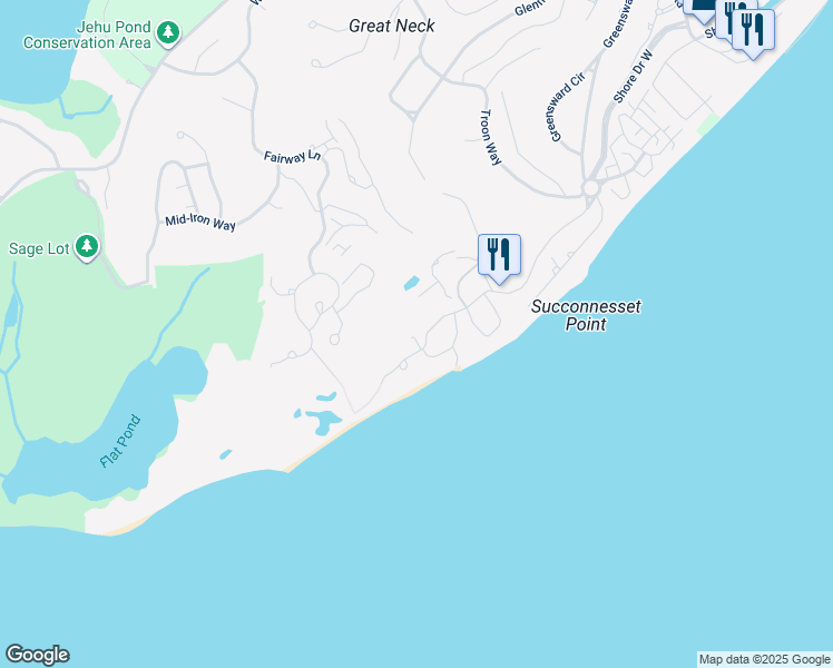map of restaurants, bars, coffee shops, grocery stores, and more near 121 Shore Drive West in Mashpee