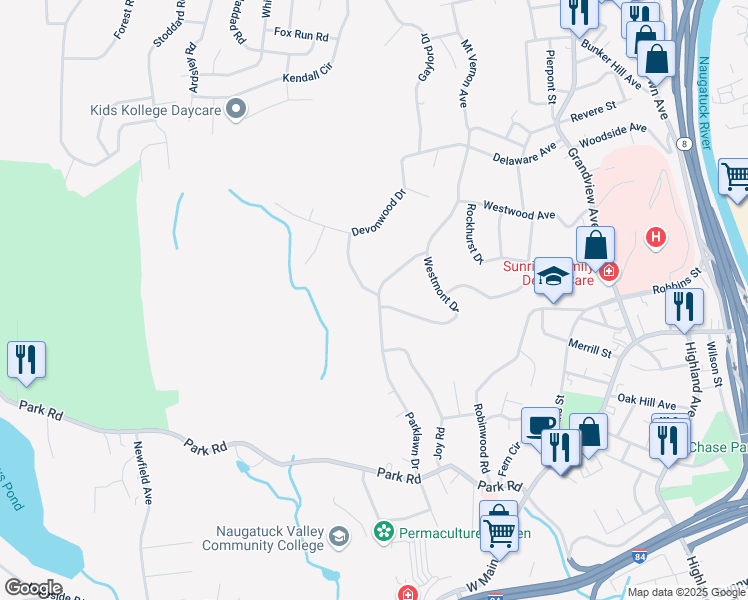map of restaurants, bars, coffee shops, grocery stores, and more near 210 Parklawn Drive in Waterbury