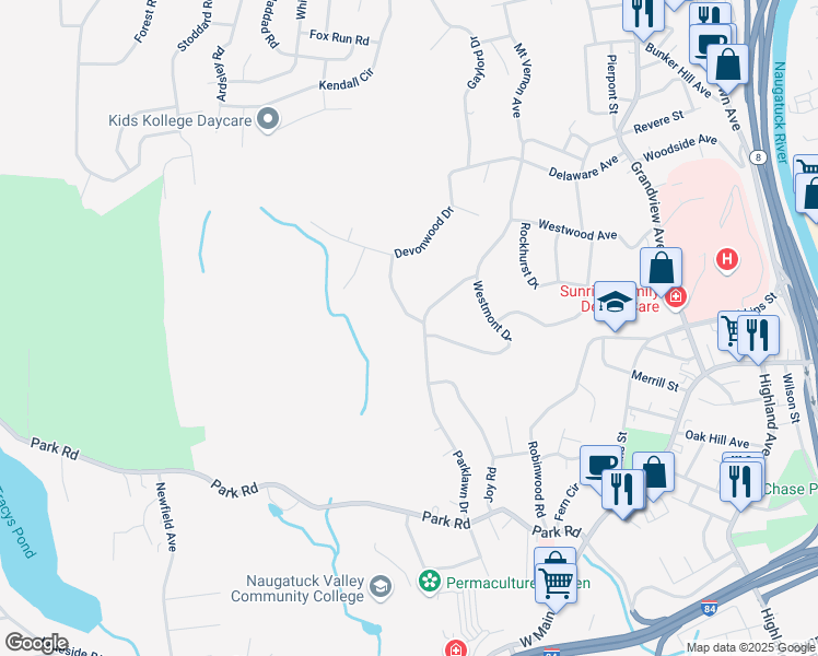 map of restaurants, bars, coffee shops, grocery stores, and more near 92 Woodhaven Street in Waterbury