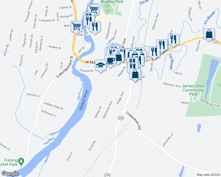 map of restaurants, bars, coffee shops, grocery stores, and more near 73 Walnut Street in Walden
