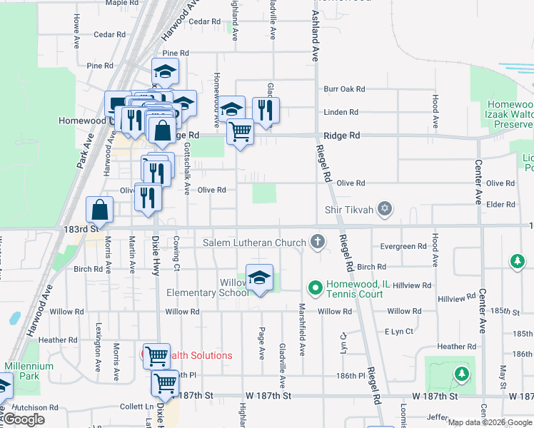 map of restaurants, bars, coffee shops, grocery stores, and more near 1704 183rd Street in Homewood