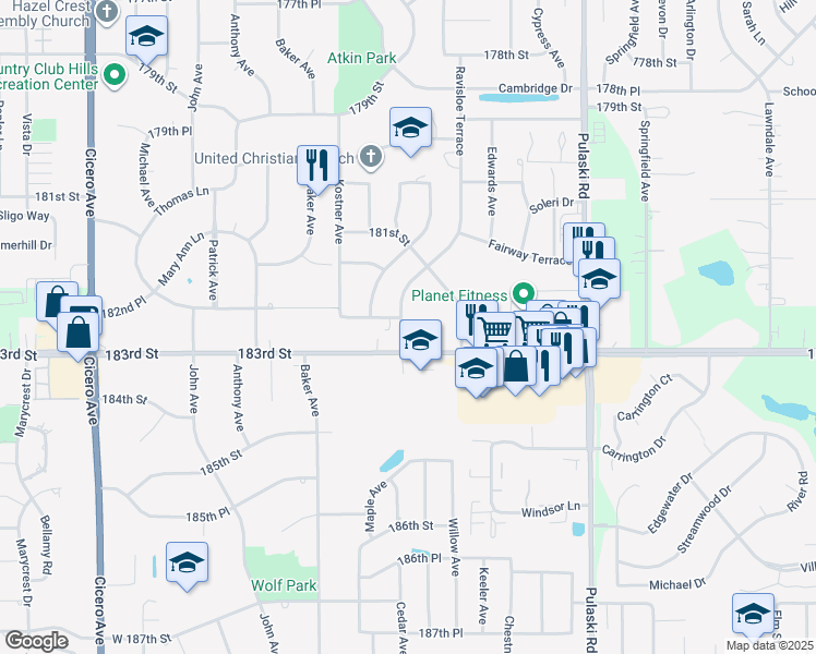 map of restaurants, bars, coffee shops, grocery stores, and more near in Country Club Hills
