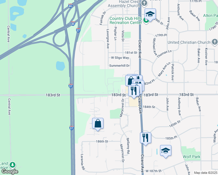 map of restaurants, bars, coffee shops, grocery stores, and more near 18300 Lavergne Avenue in Country Club Hills