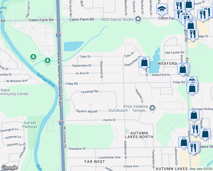 map of restaurants, bars, coffee shops, grocery stores, and more near 3613 Landings Road in Joliet