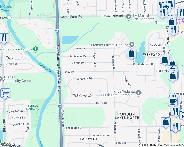map of restaurants, bars, coffee shops, grocery stores, and more near 3705 Landings Road in Joliet