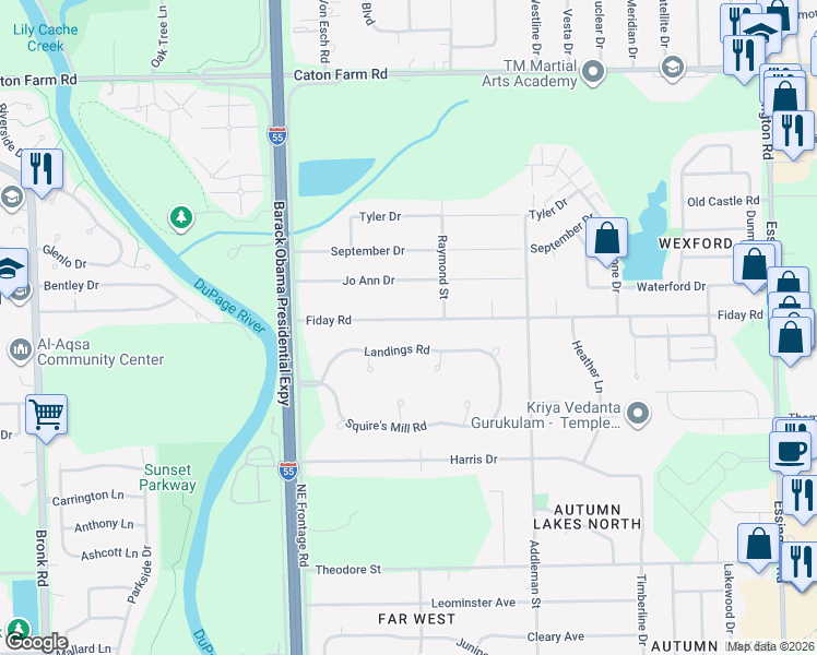 map of restaurants, bars, coffee shops, grocery stores, and more near 3801 Landings Road in Joliet