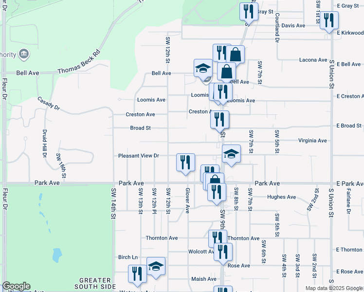 map of restaurants, bars, coffee shops, grocery stores, and more near 1129 Pleasant View Drive in Des Moines