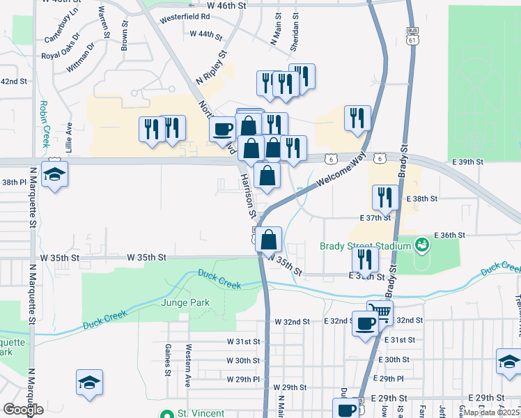map of restaurants, bars, coffee shops, grocery stores, and more near 3648-3684 Northwest Boulevard in Davenport