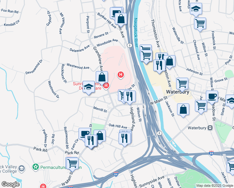 map of restaurants, bars, coffee shops, grocery stores, and more near 93 Robbins Street in Waterbury