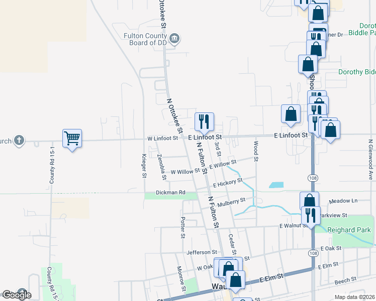 map of restaurants, bars, coffee shops, grocery stores, and more near 903 North Ottokee Street in Wauseon