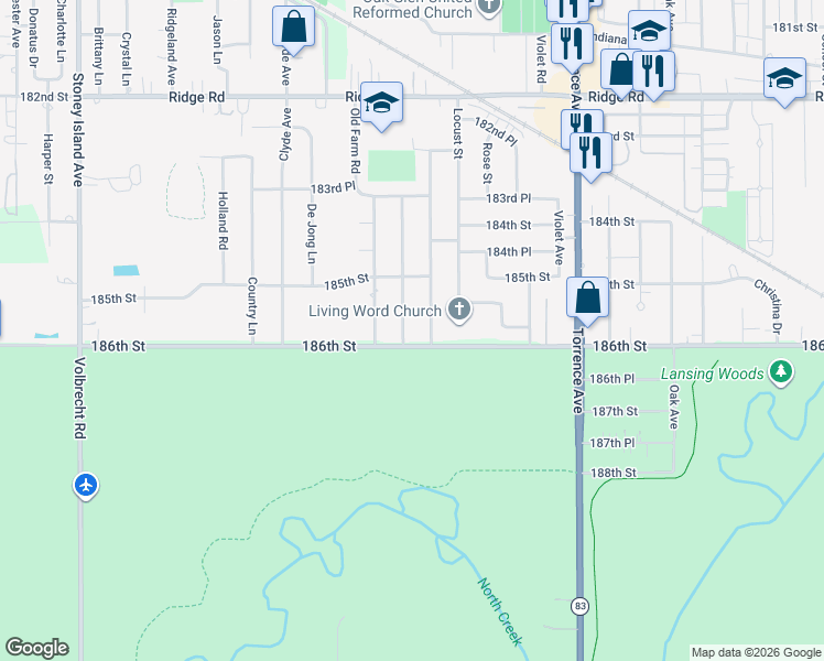 map of restaurants, bars, coffee shops, grocery stores, and more near 18561 Carriage Lane in Lansing