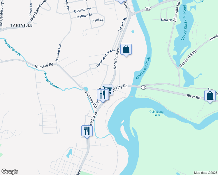map of restaurants, bars, coffee shops, grocery stores, and more near 253 Norwich Avenue in Norwich