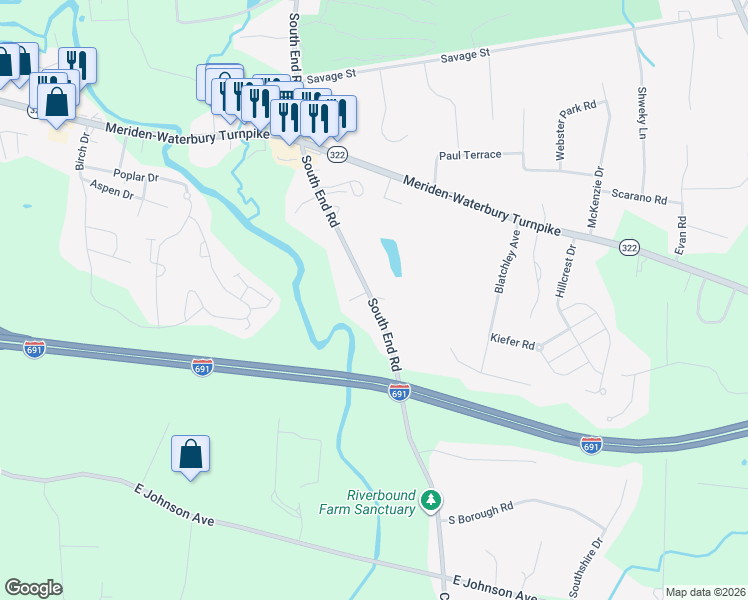 map of restaurants, bars, coffee shops, grocery stores, and more near 950 South End Road in Southington