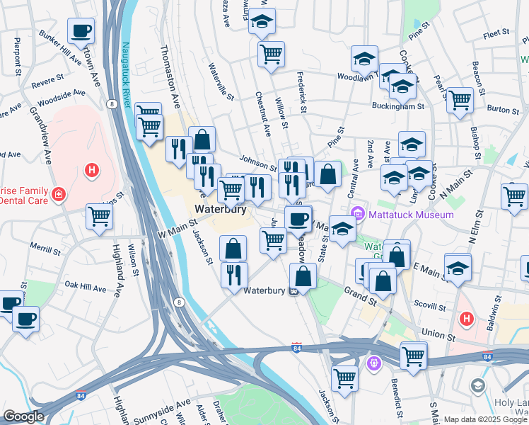 map of restaurants, bars, coffee shops, grocery stores, and more near 20 Judd Street in Waterbury