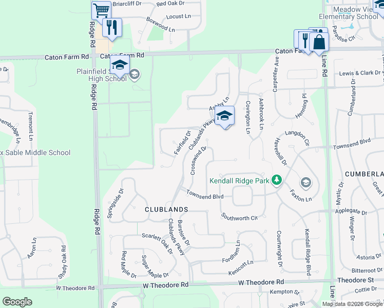 map of restaurants, bars, coffee shops, grocery stores, and more near 2003 Crosswind Drive in Plainfield